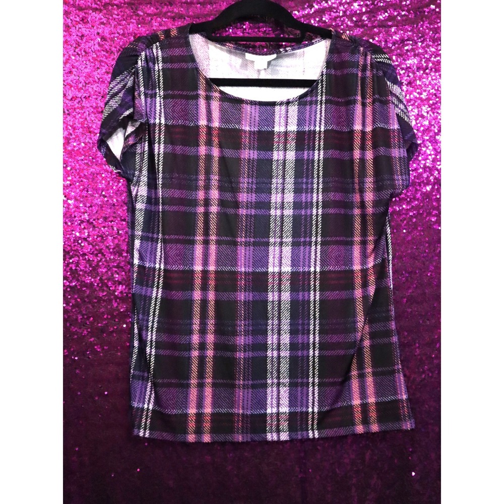 Purple Plaid Top Small Jaclyn Smith Women Short Sleeve Blouse Tartan